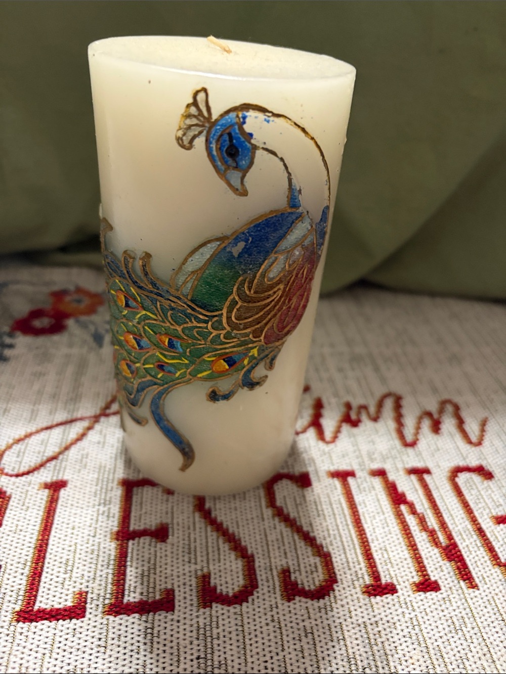 Decorative White Peacock Pillar Candle - Multicolor Design